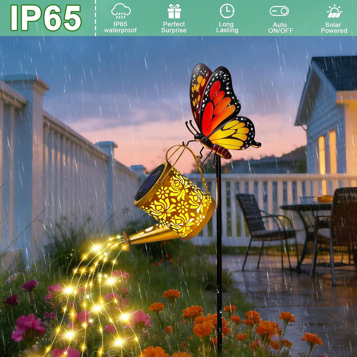 Solar Watering Can Lights Butterfly Hook Outdoor Garden Decor