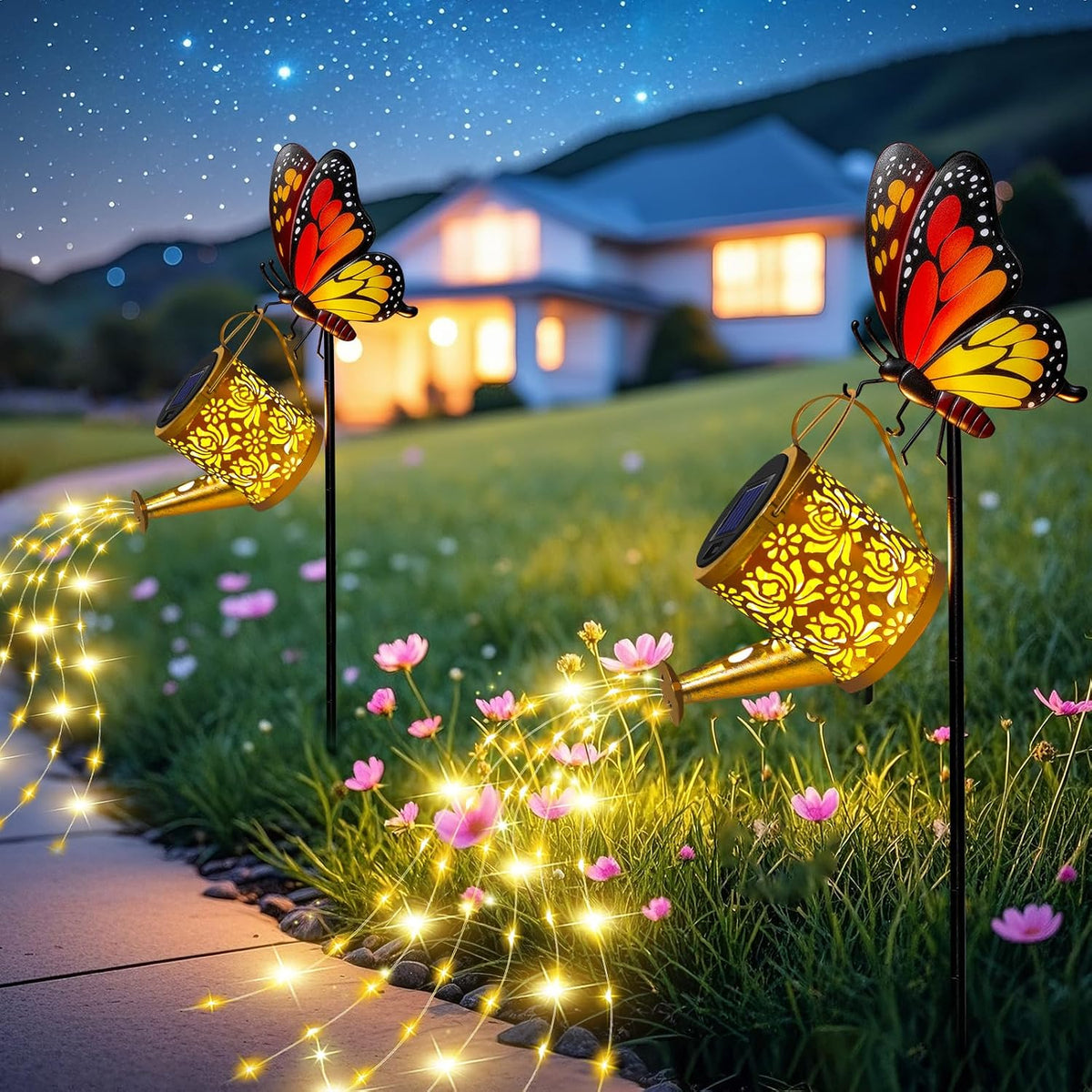 Solar Watering Can Lights Butterfly Hook Outdoor Garden Decor