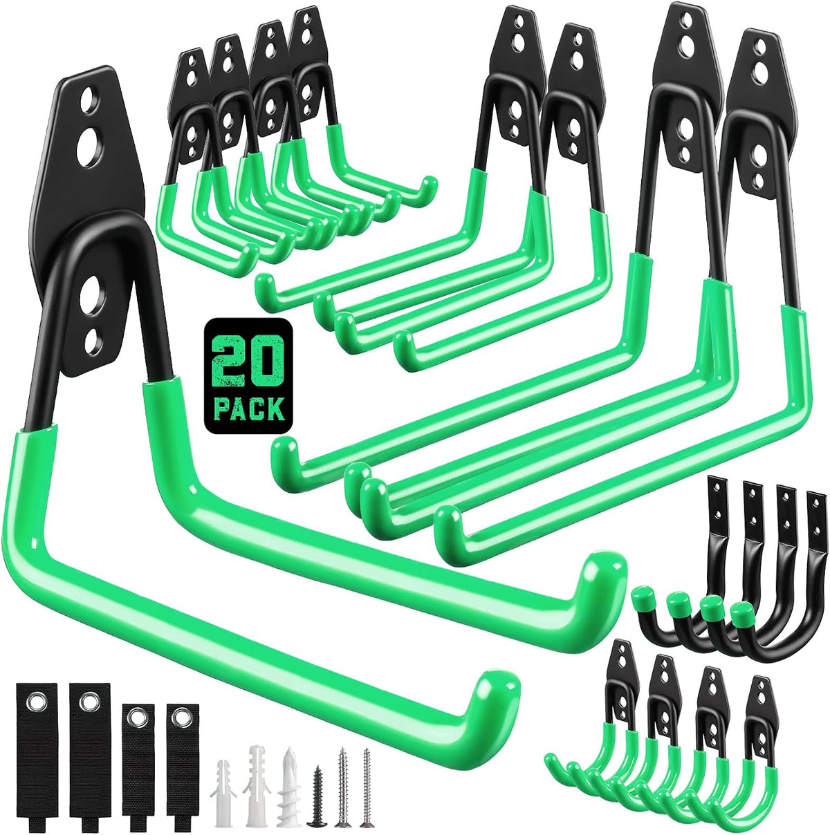 LANDNEOO Garage Hooks, 20-Pack Steel Garage Accessories for Organization and Storage, Heavy Wall Mount Duty Hooks with Anti-Slip Coating for Hanging Ladder, Bike, Power Tools and More Tools, Black