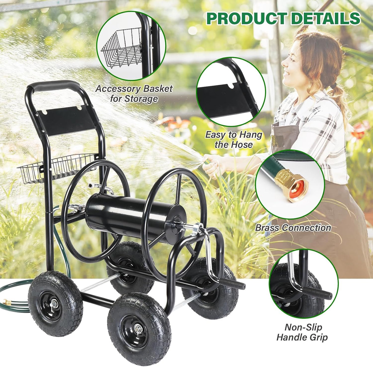 Garden Hose Reel Cart, Lawn Water Planting Cart with Wheels, Black