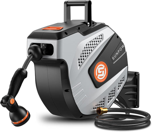 Retractable Garden Hose Reel - 1/2 inch x 115ft Heavy Duty Wall Mounted Hose Reel with 3/4 inch Brass Fitting & 10 Sprayer Nozzle - Any Length Lock, Auto Rewind System, 180°Swivel Bracket- Grey