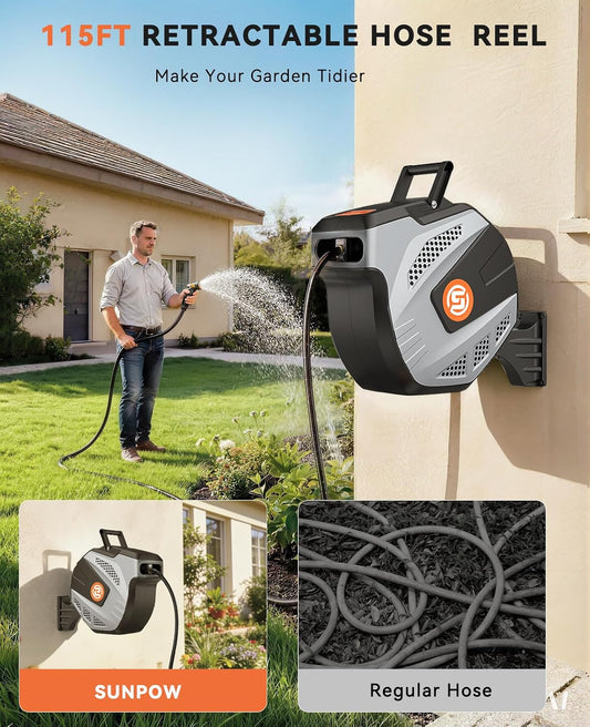 Retractable Garden Hose Reel - 1/2 inch x 115ft Heavy Duty Wall Mounted Hose Reel with 3/4 inch Brass Fitting & 10 Sprayer Nozzle - Any Length Lock, Auto Rewind System, 180°Swivel Bracket- Grey