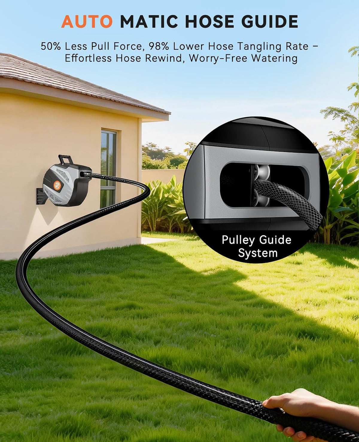 Retractable Garden Hose Reel - 1/2 inch x 115ft Heavy Duty Wall Mounted Hose Reel with 3/4 inch Brass Fitting & 10 Sprayer Nozzle - Any Length Lock, Auto Rewind System, 180°Swivel Bracket- Grey