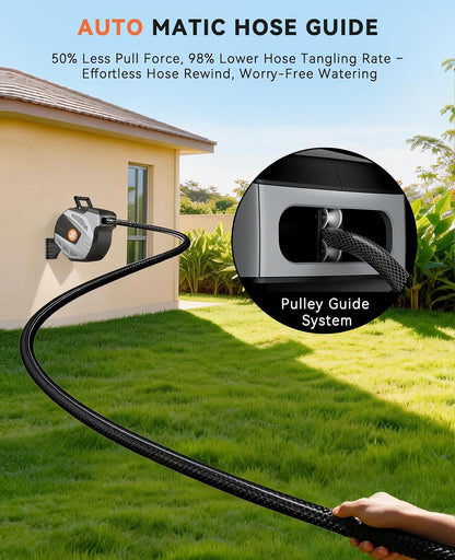 Retractable Garden Hose Reel - 1/2 inch x 115ft Heavy Duty Wall Mounted Hose Reel with 3/4 inch Brass Fitting & 10 Sprayer Nozzle - Any Length Lock, Auto Rewind System, 180°Swivel Bracket- Grey