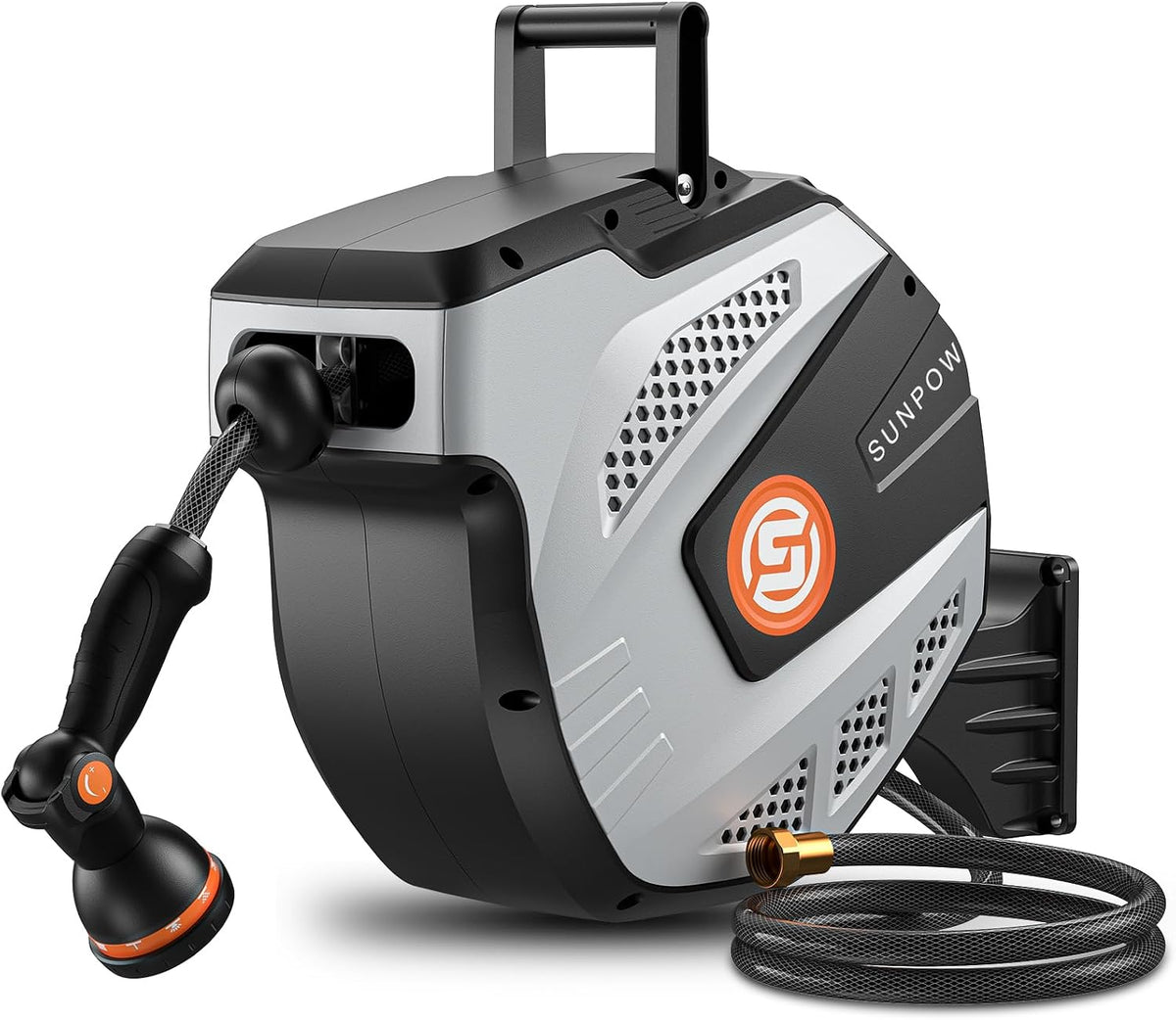 Retractable Garden Hose Reel - 1/2 inch x 115ft Heavy Duty Wall Mounted Hose Reel with 3/4 inch Brass Fitting & 10 Sprayer Nozzle - Any Length Lock, Auto Rewind System, 180°Swivel Bracket- Grey