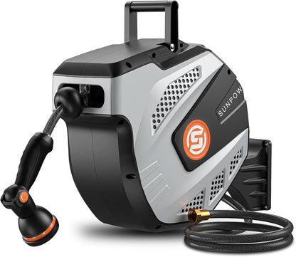 Retractable Garden Hose Reel - 1/2 inch x 115ft Heavy Duty Wall Mounted Hose Reel with 3/4 inch Brass Fitting & 10 Sprayer Nozzle - Any Length Lock, Auto Rewind System, 180°Swivel Bracket- Grey