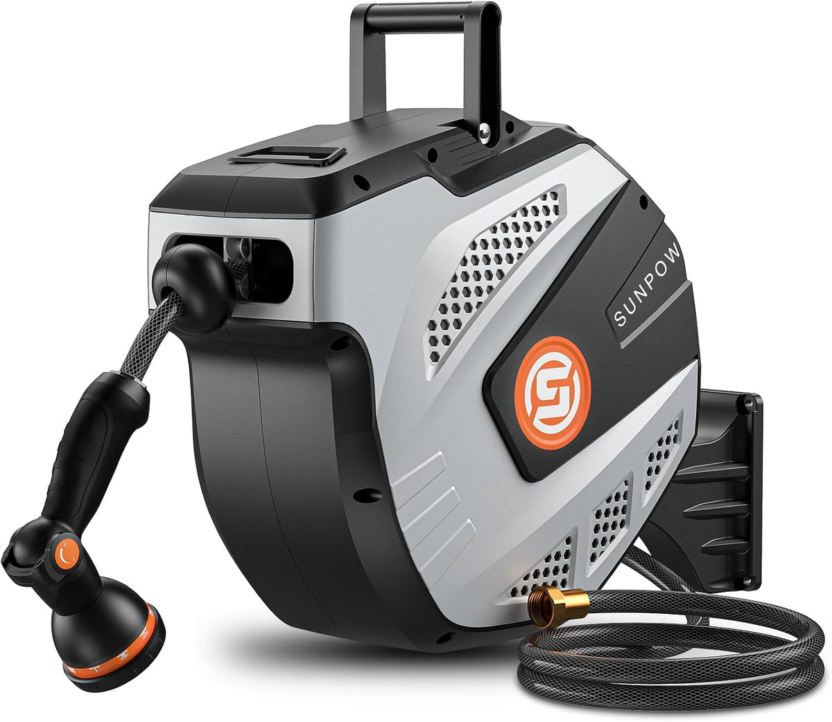 Retractable Garden Hose Reel - 1/2 inch x 115ft Heavy Duty Wall Mounted Hose Reel with 3/4 inch Brass Fitting & 10 Sprayer Nozzle - Any Length Lock, Auto Rewind System, 180°Swivel Bracket- Grey