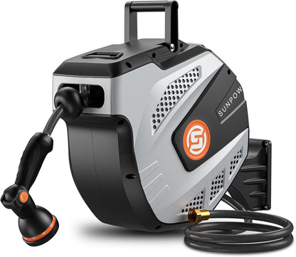 Retractable Garden Hose Reel - 1/2 inch x 115ft Heavy Duty Wall Mounted Hose Reel with 3/4 inch Brass Fitting & 10 Sprayer Nozzle - Any Length Lock, Auto Rewind System, 180°Swivel Bracket- Grey