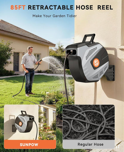 Retractable Garden Hose Reel - 1/2 inch x 115ft Heavy Duty Wall Mounted Hose Reel with 3/4 inch Brass Fitting & 10 Sprayer Nozzle - Any Length Lock, Auto Rewind System, 180°Swivel Bracket- Grey