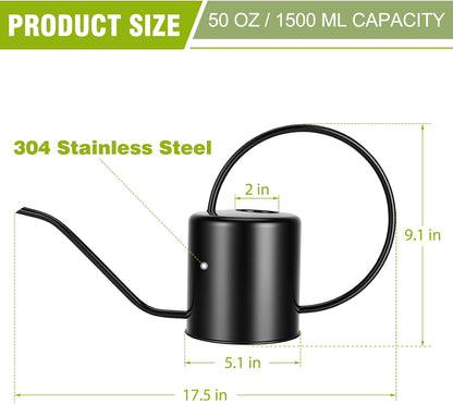 Plant Watering Can, 50 oz / 1500 ml Stainless Steel Metal - Modern Decorative with Long Spout for Indoor Potted Plants, Bonsai, Garden Flowers, Black