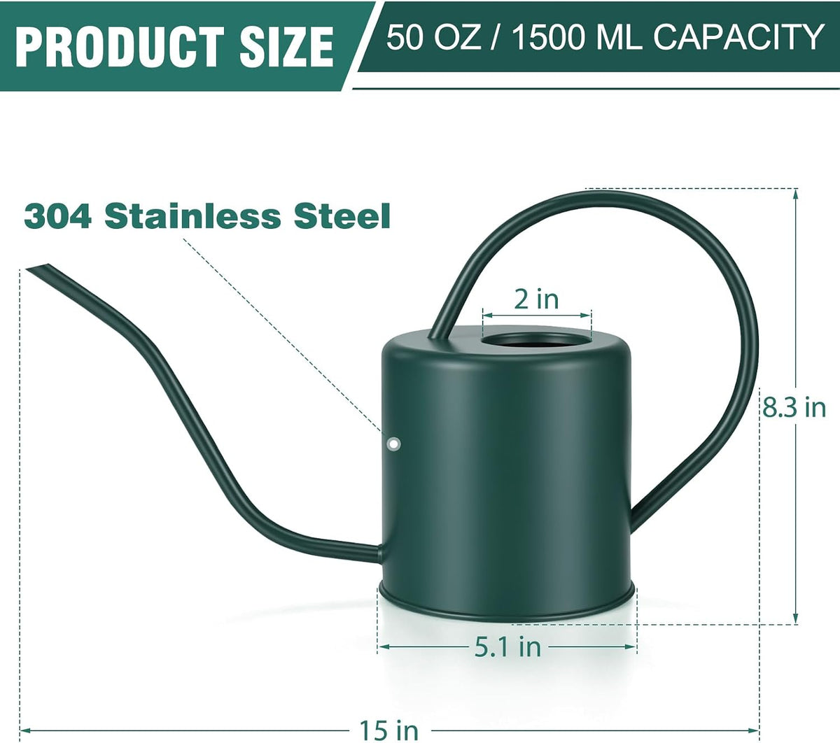Plant Watering Can, 50 oz / 1500 ml Stainless Steel Metal - Modern Decorative with Long Spout for Indoor Potted Plants, Bonsai, Garden Flowers, Black