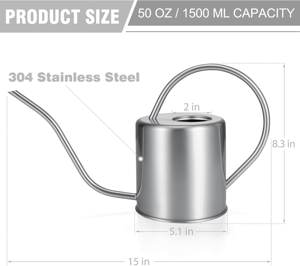 Plant Watering Can, 50 oz / 1500 ml Stainless Steel Metal - Modern Decorative with Long Spout for Indoor Potted Plants, Bonsai, Garden Flowers, Black