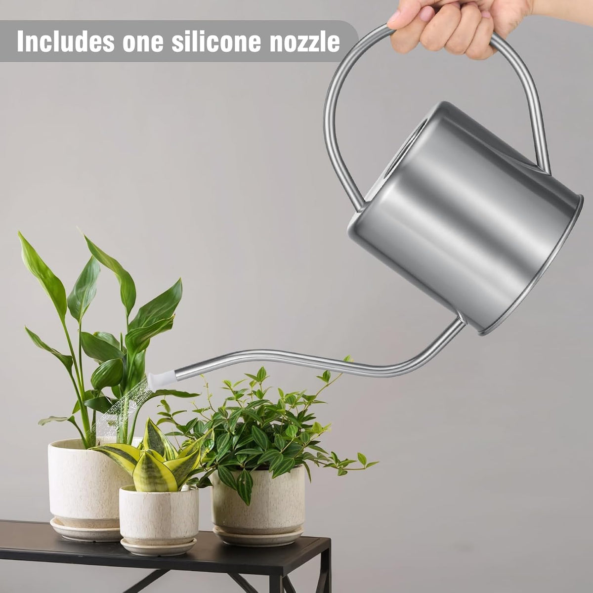 Plant Watering Can, 50 oz / 1500 ml Stainless Steel Metal - Modern Decorative with Long Spout for Indoor Potted Plants, Bonsai, Garden Flowers, Black