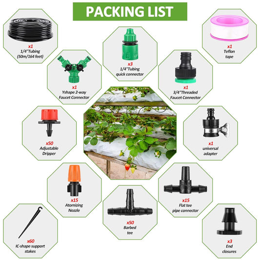 LasTool 164FT Drip Irrigation Kit,Automatic Garden Watering System with 1/4" Tubing,Adjustable Mist Sprayer Nozzles & Drip Emitters for Raised Bed,Patio,Lawn, Greenhouse-Easy DIY Installation