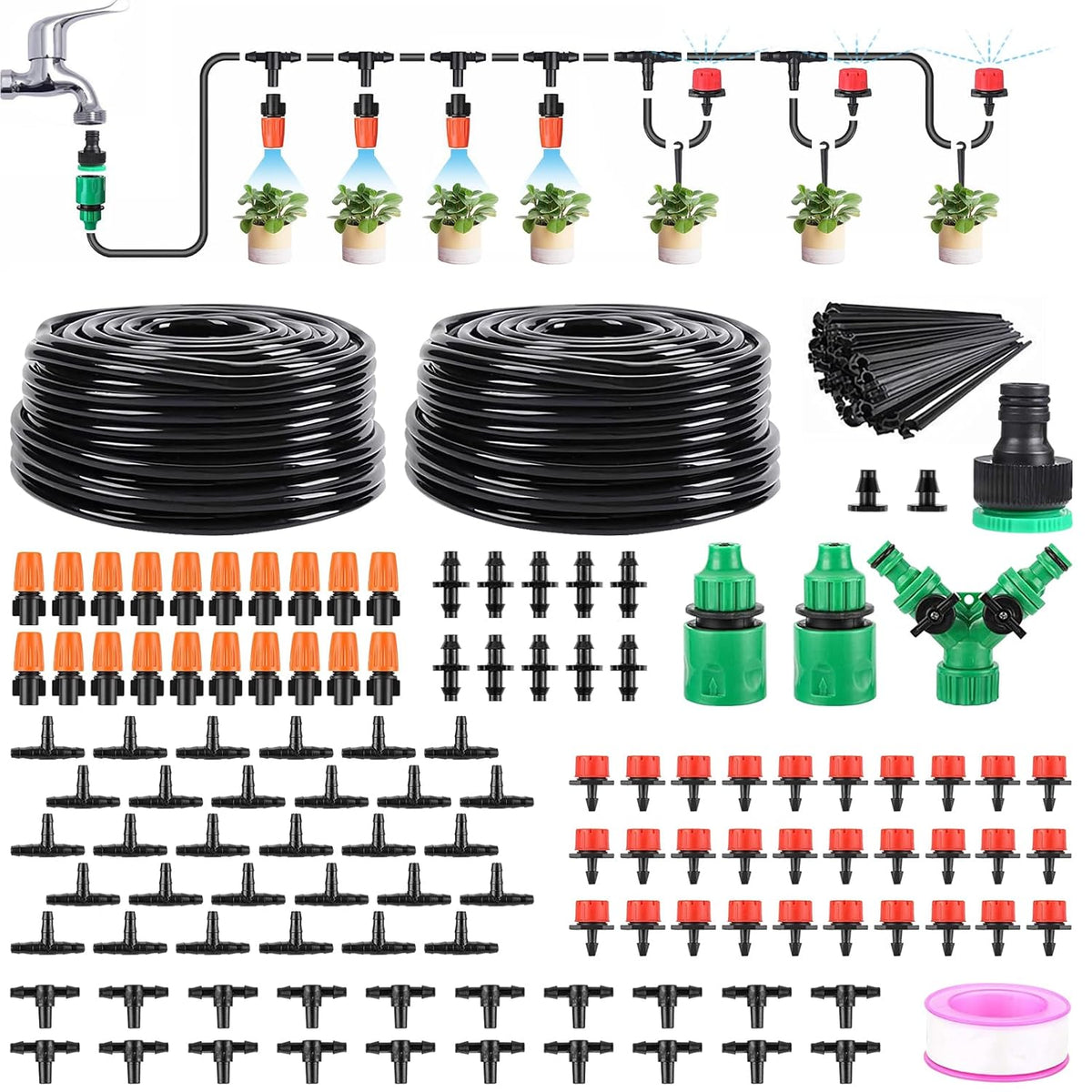 LasTool 164FT Drip Irrigation Kit,Automatic Garden Watering System with 1/4" Tubing,Adjustable Mist Sprayer Nozzles & Drip Emitters for Raised Bed,Patio,Lawn, Greenhouse-Easy DIY Installation