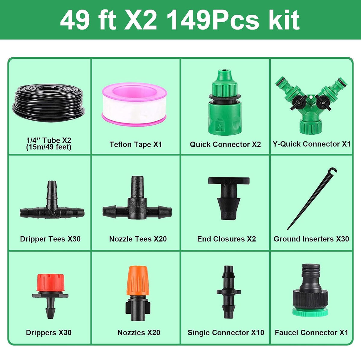 LasTool 164FT Drip Irrigation Kit,Automatic Garden Watering System with 1/4" Tubing,Adjustable Mist Sprayer Nozzles & Drip Emitters for Raised Bed,Patio,Lawn, Greenhouse-Easy DIY Installation