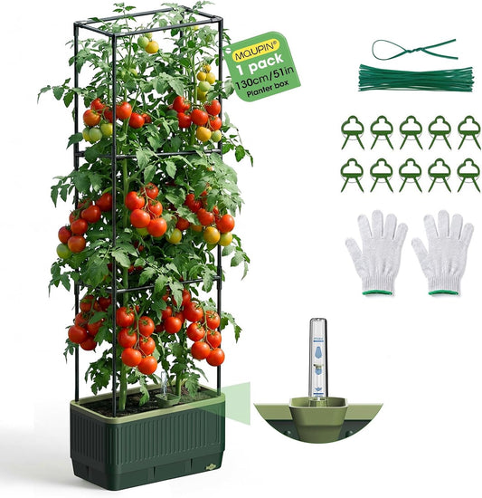 Raised Garden Bed Tomato Planter with Trellis, 52" Self Watering Tomato Planter with Water Level Indicator, Larger Rectangular Tomato Cages for Indoor & Outdoor Climbing Vegetable and Plants (1)
