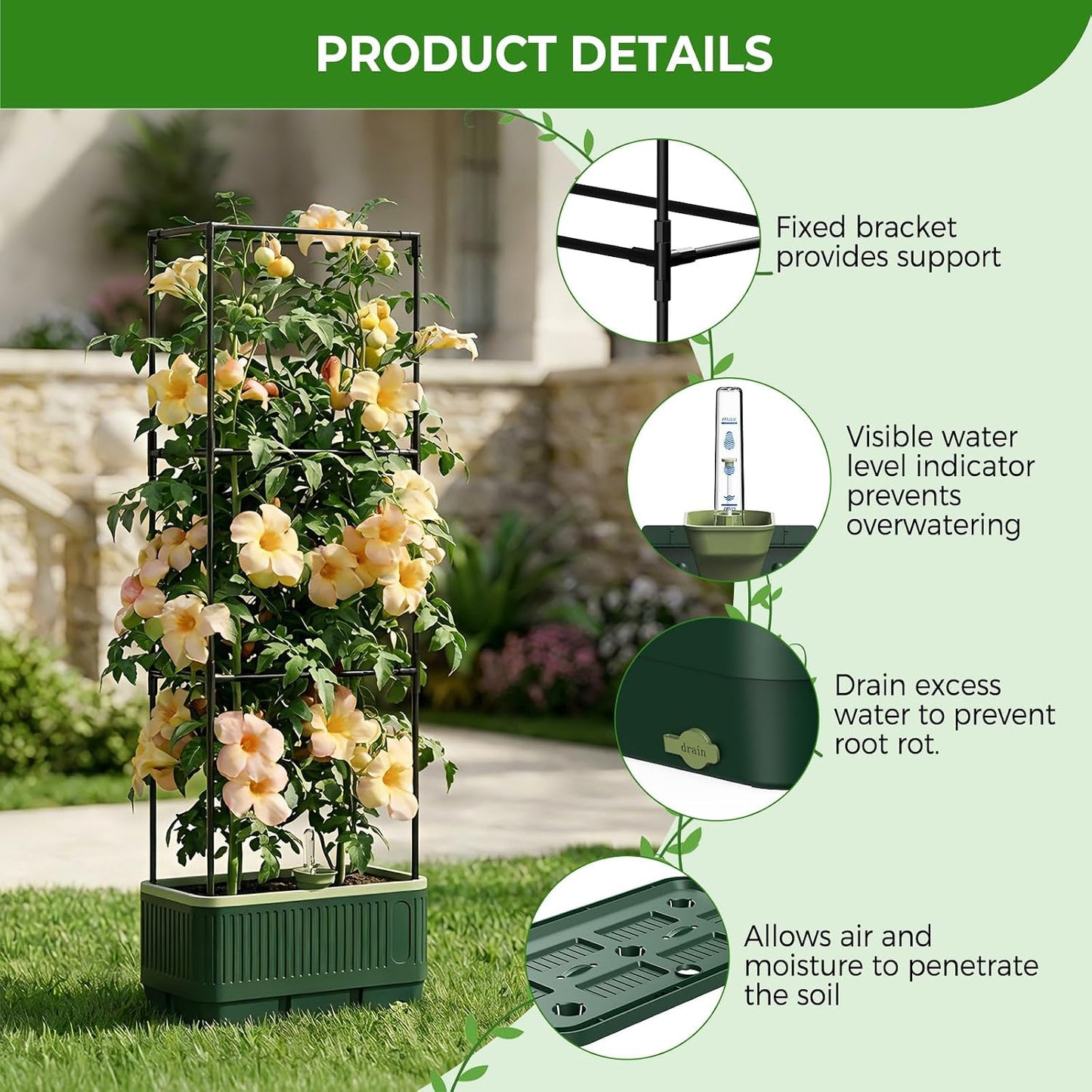 Raised Garden Bed Tomato Planter with Trellis, 52" Self Watering Tomato Planter with Water Level Indicator, Larger Rectangular Tomato Cages for Indoor & Outdoor Climbing Vegetable and Plants (1)