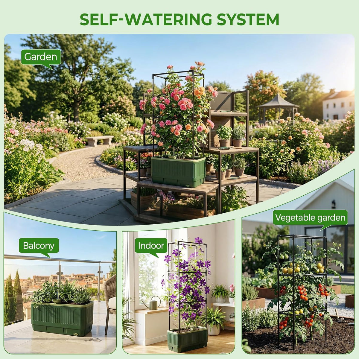 Raised Garden Bed Tomato Planter with Trellis, 52" Self Watering Tomato Planter with Water Level Indicator, Larger Rectangular Tomato Cages for Indoor & Outdoor Climbing Vegetable and Plants (1)
