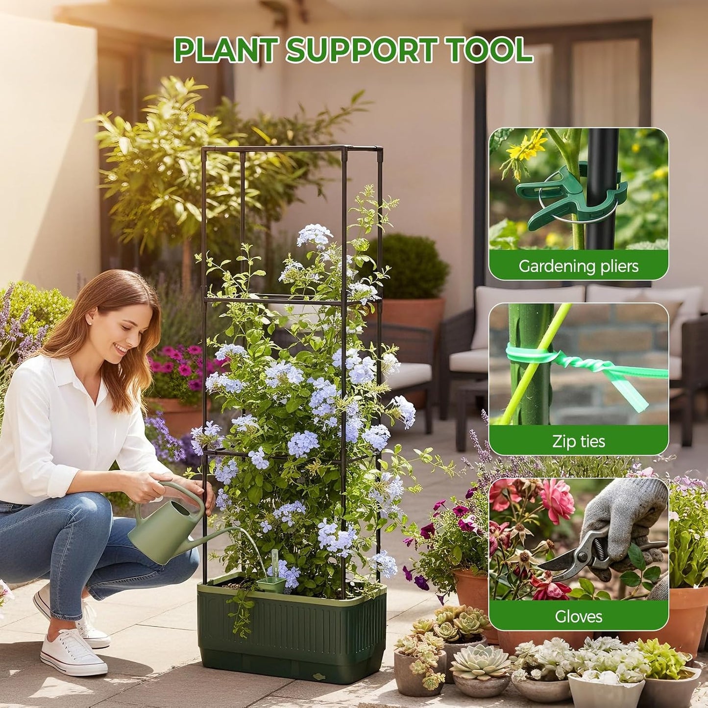 Raised Garden Bed Tomato Planter with Trellis, 52" Self Watering Tomato Planter with Water Level Indicator, Larger Rectangular Tomato Cages for Indoor & Outdoor Climbing Vegetable and Plants (1)