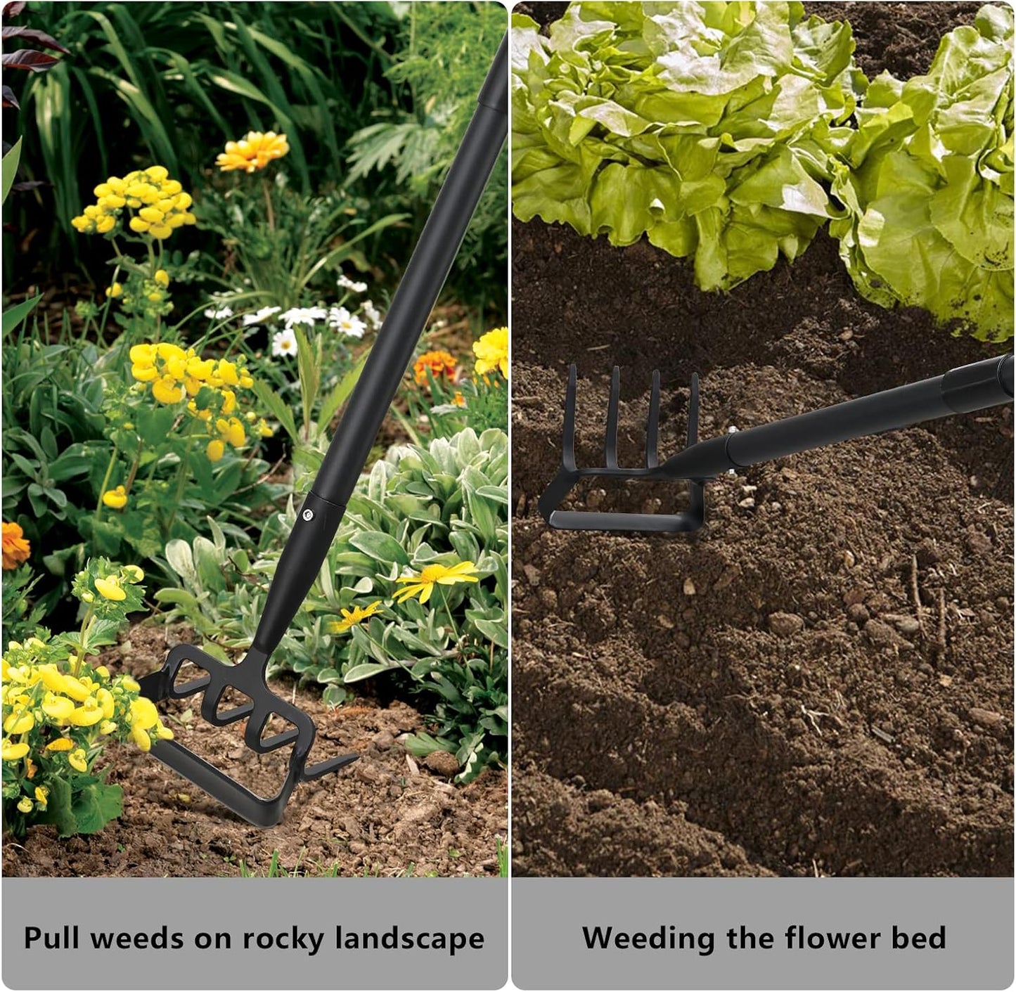 Hoe Garden Tools, 37-49 Inch Gardening Tools for Weeding, Stirrup Hoe Long Handle for Yard Weed Puller, Scuffle Hula Adjustable Weeding Loop Hoe for Lawn, Vegetable, Soil, Planting Black