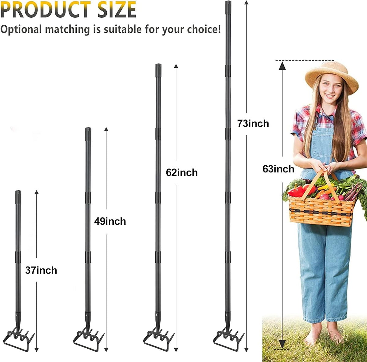 Hoe Garden Tools, 37-49 Inch Gardening Tools for Weeding, Stirrup Hoe Long Handle for Yard Weed Puller, Scuffle Hula Adjustable Weeding Loop Hoe for Lawn, Vegetable, Soil, Planting Black