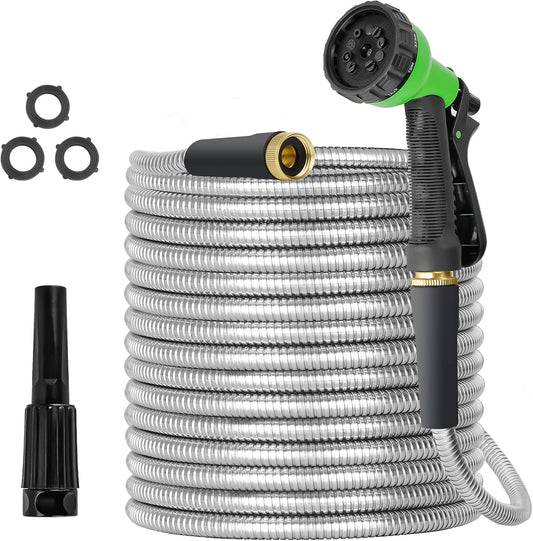 TVKB Garden Hose 100ft Stainless Steel Water Hose Super Tough Flexible Water Pipe with Brass Fittings and Sprayer Nozzle, No Kink, Rust Proof