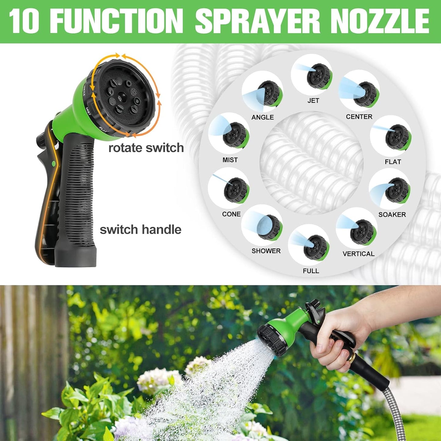 TVKB Garden Hose 100ft Stainless Steel Water Hose Super Tough Flexible Water Pipe with Brass Fittings and Sprayer Nozzle, No Kink, Rust Proof