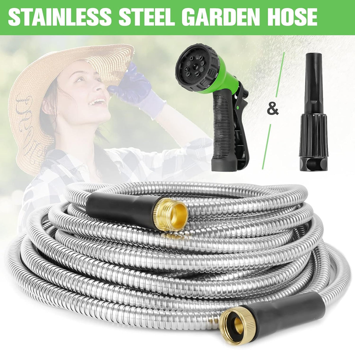 TVKB Garden Hose 100ft Stainless Steel Water Hose Super Tough Flexible Water Pipe with Brass Fittings and Sprayer Nozzle, No Kink, Rust Proof