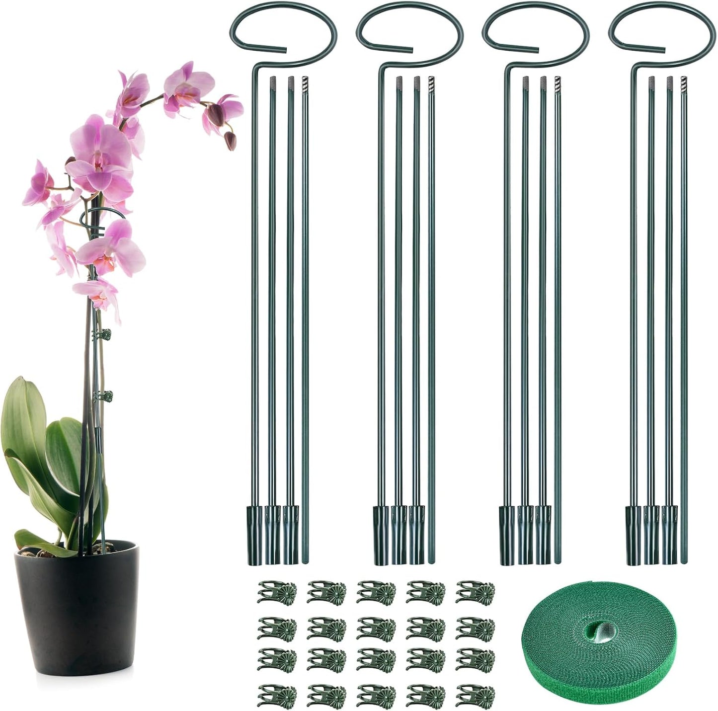 4 Set Metal Plant Sticks Support Tall 48 Inch Adjustable Plants Stem Support Rod Amaryllis Holder Stake Garden Flower Rings with 20PCS Clips 16.5' Plant Ties for Outdoor Indoor Plants