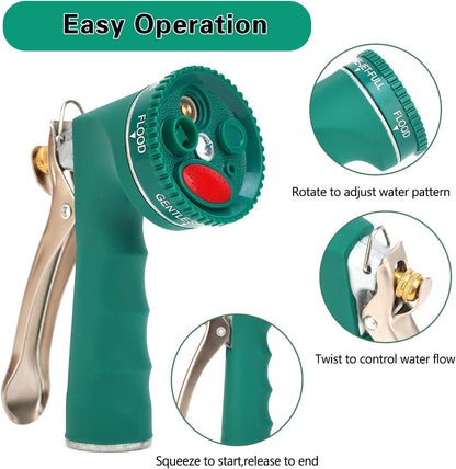 Garden Hose Nozzle, Heavy Duty Metal Spray Nozzle with Tie Rods Made of Brass, High Pressure Hose Nozzle with Non-Slip Grip Handle for Watering Garden, Washing Cars and Showering Pets