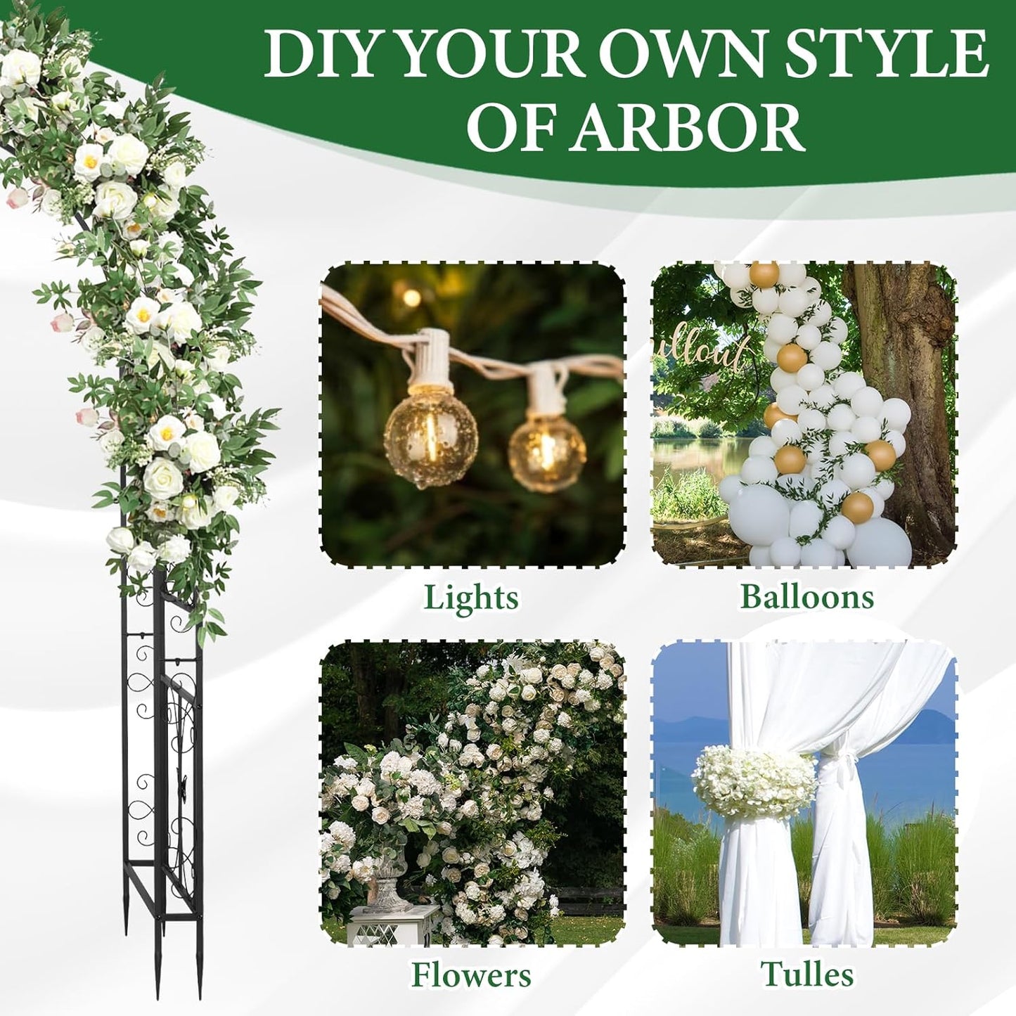 Garden Arbor, Arch Archway for Wedding Ceremony Party, Steel Garden Trellis for Plant Climbing, Christmas Garden Decorations Pergola for Garden, Backyard, Lawn (Black, 7.9FT)