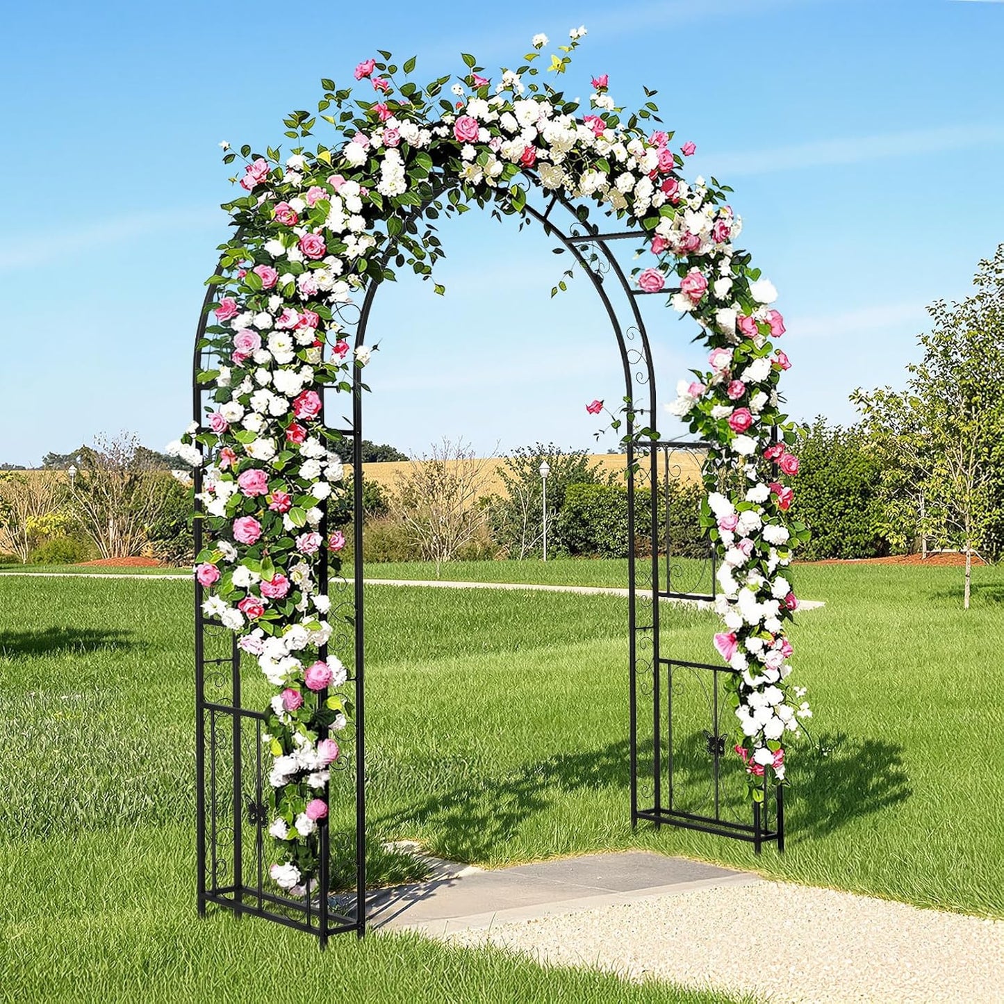 Garden Arbor, Arch Archway for Wedding Ceremony Party, Steel Garden Trellis for Plant Climbing, Christmas Garden Decorations Pergola for Garden, Backyard, Lawn (Black, 7.9FT)