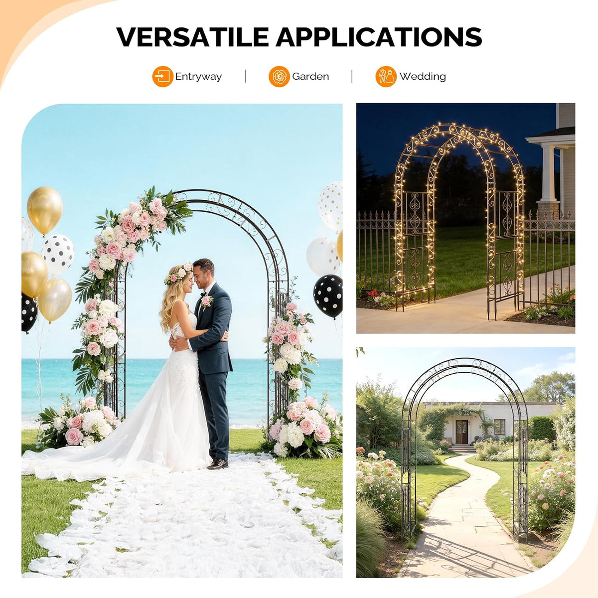 Garden Arbor, Arch Archway for Wedding Ceremony Party, Steel Garden Trellis for Plant Climbing, Christmas Garden Decorations Pergola for Garden, Backyard, Lawn (Black, 7.9FT)