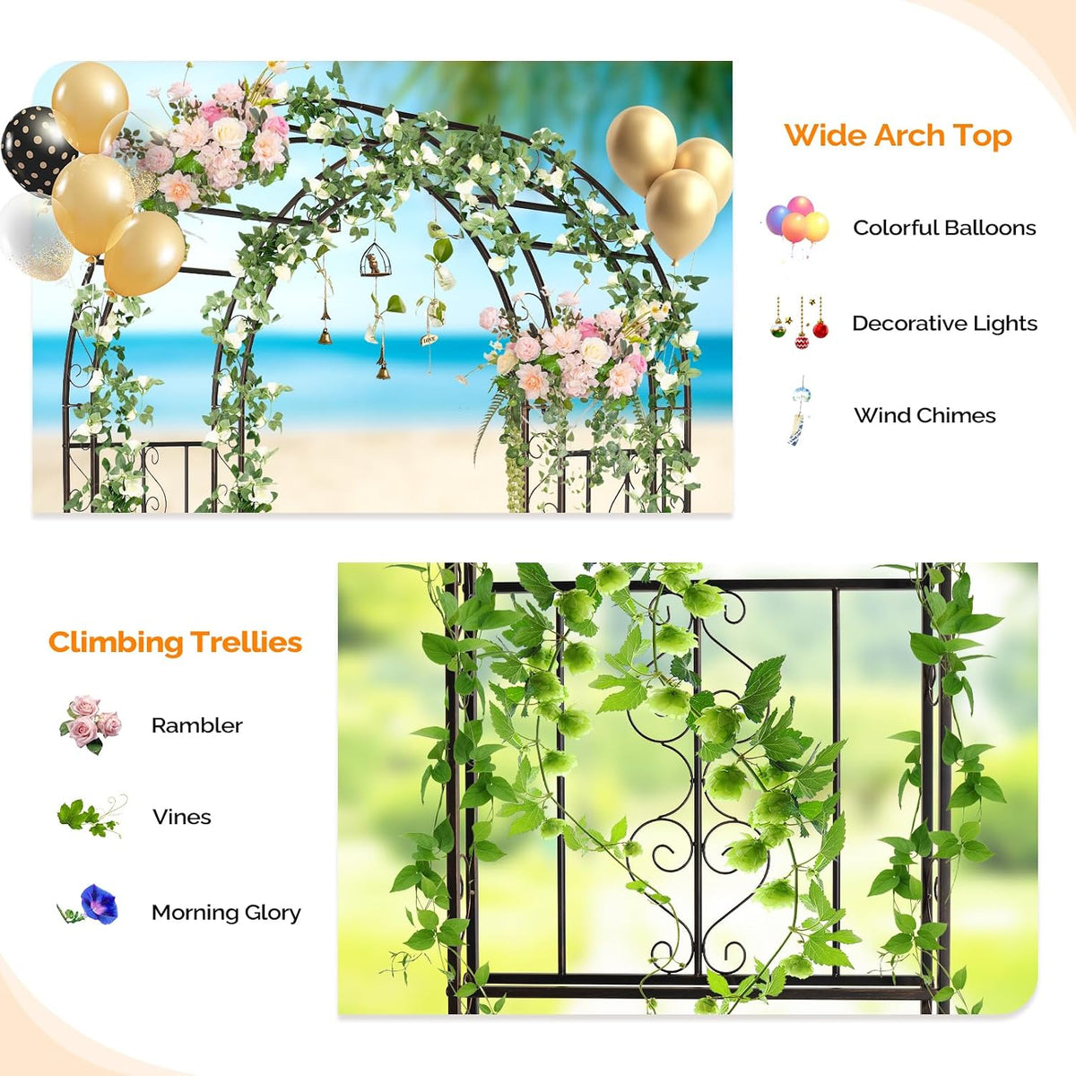 Garden Arbor, Arch Archway for Wedding Ceremony Party, Steel Garden Trellis for Plant Climbing, Christmas Garden Decorations Pergola for Garden, Backyard, Lawn (Black, 7.9FT)