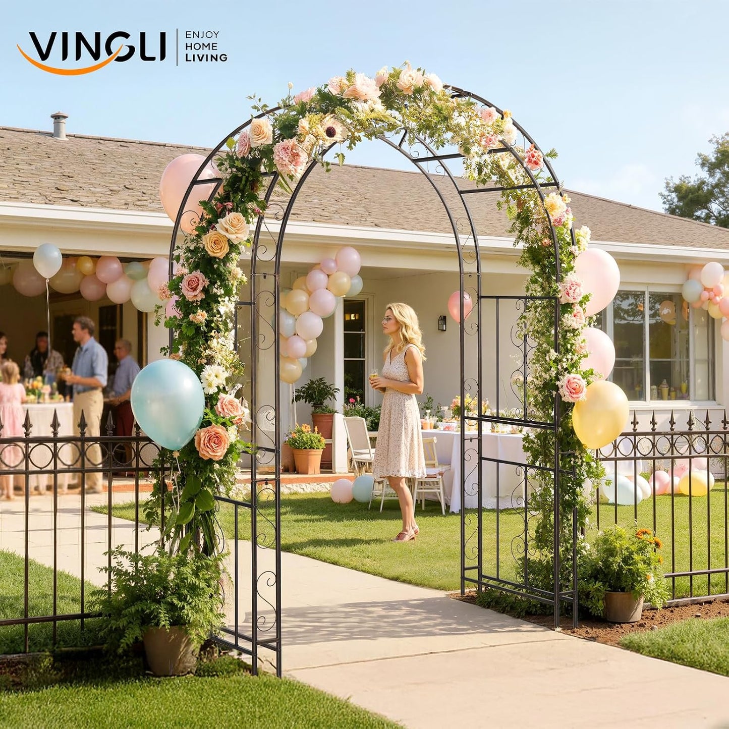 Garden Arbor, Arch Archway for Wedding Ceremony Party, Steel Garden Trellis for Plant Climbing, Christmas Garden Decorations Pergola for Garden, Backyard, Lawn (Black, 7.9FT)