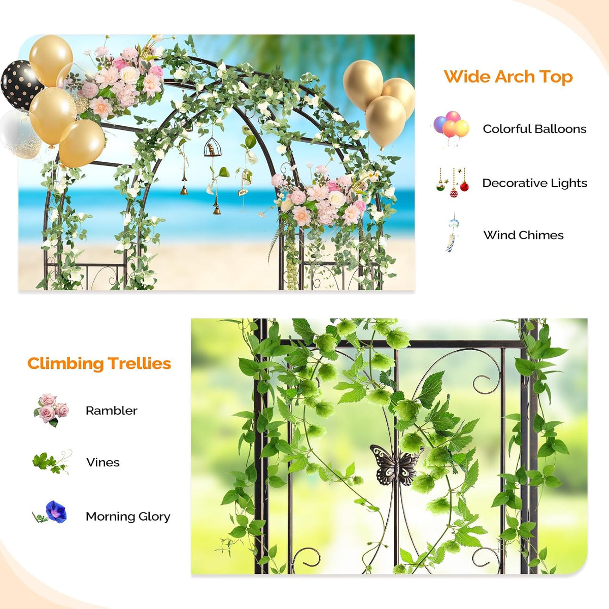 Garden Arbor, Arch Archway for Wedding Ceremony Party, Steel Garden Trellis for Plant Climbing, Christmas Garden Decorations Pergola for Garden, Backyard, Lawn (Black, 7.9FT)