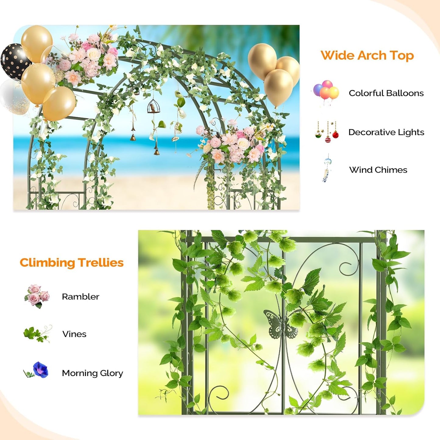 Garden Arbor, Arch Archway for Wedding Ceremony Party, Steel Garden Trellis for Plant Climbing, Christmas Garden Decorations Pergola for Garden, Backyard, Lawn (Black, 7.9FT)
