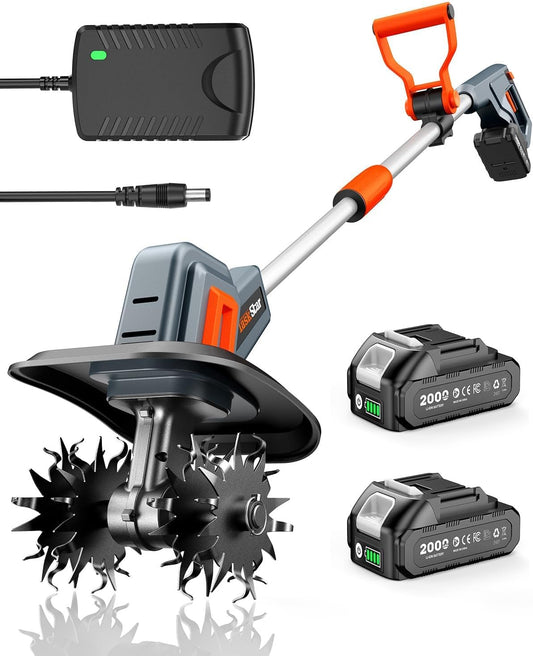 Cordless Tiller Cultivator for Gardening, Battery Powered Garden Rototiller