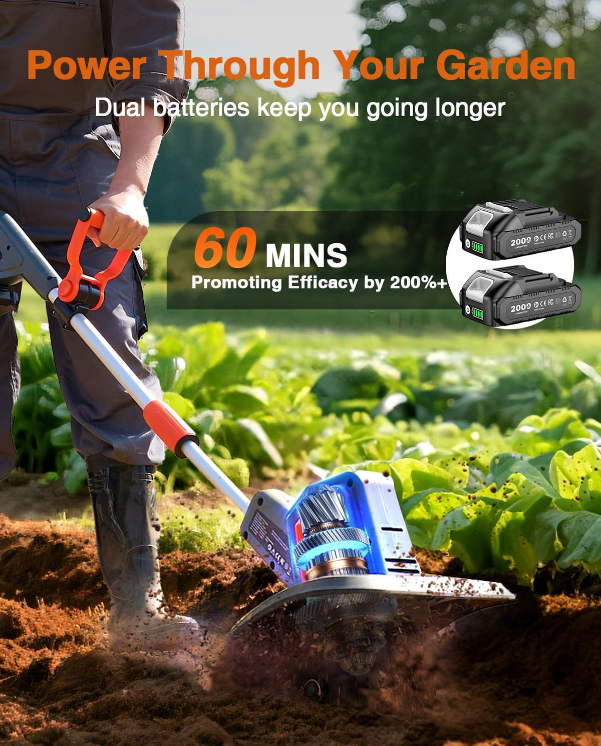 Cordless Tiller Cultivator for Gardening, Battery Powered Garden Rototiller
