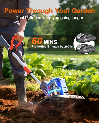 Cordless Tiller Cultivator for Gardening, Battery Powered Garden Rototiller