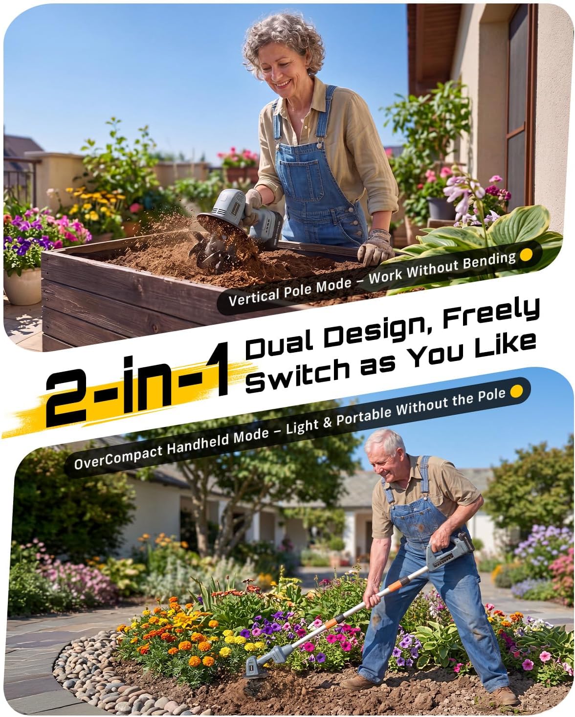 Cordless Tiller Cultivator for Gardening, Battery Powered Garden Rototiller