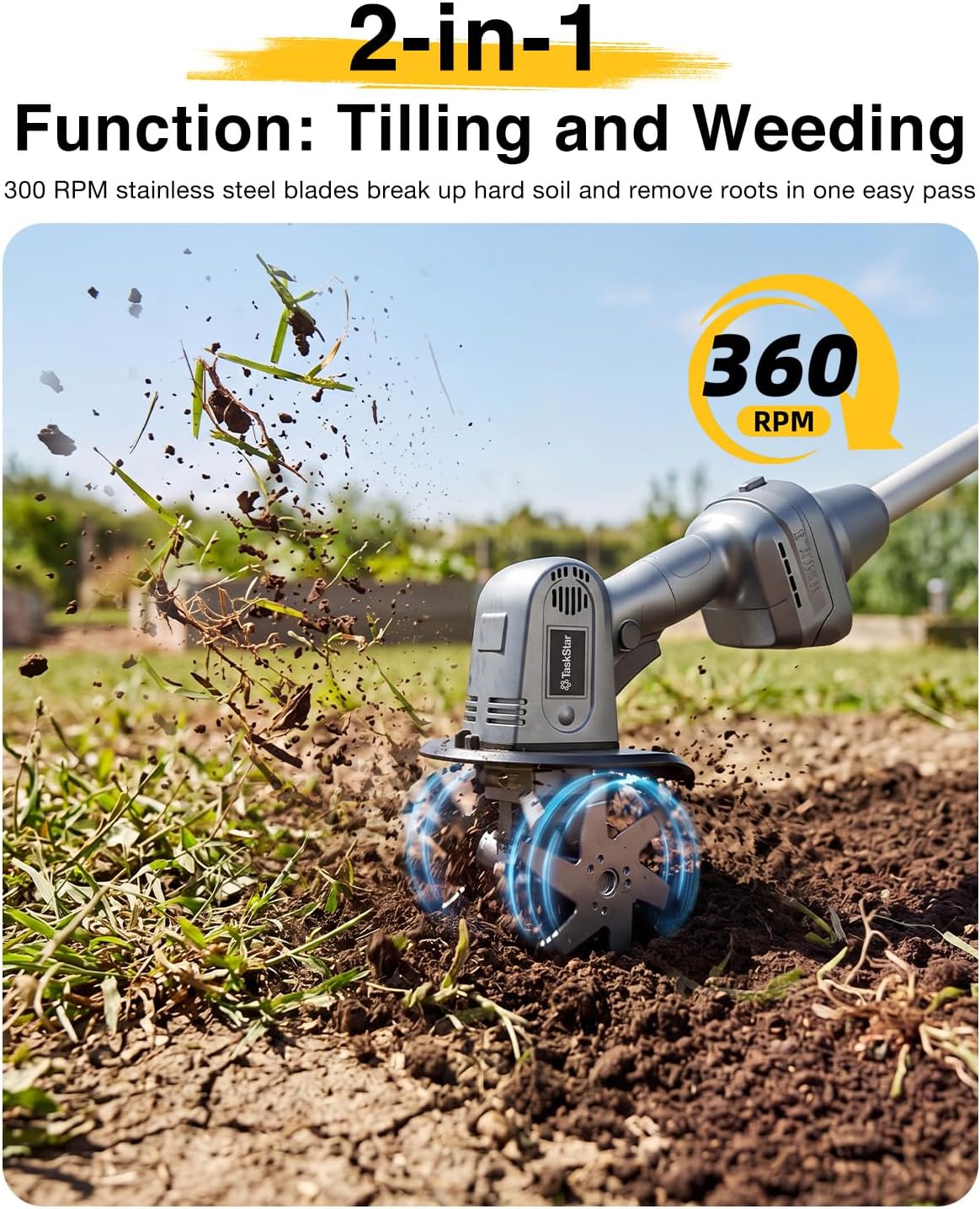Cordless Tiller Cultivator for Gardening, Battery Powered Garden Rototiller