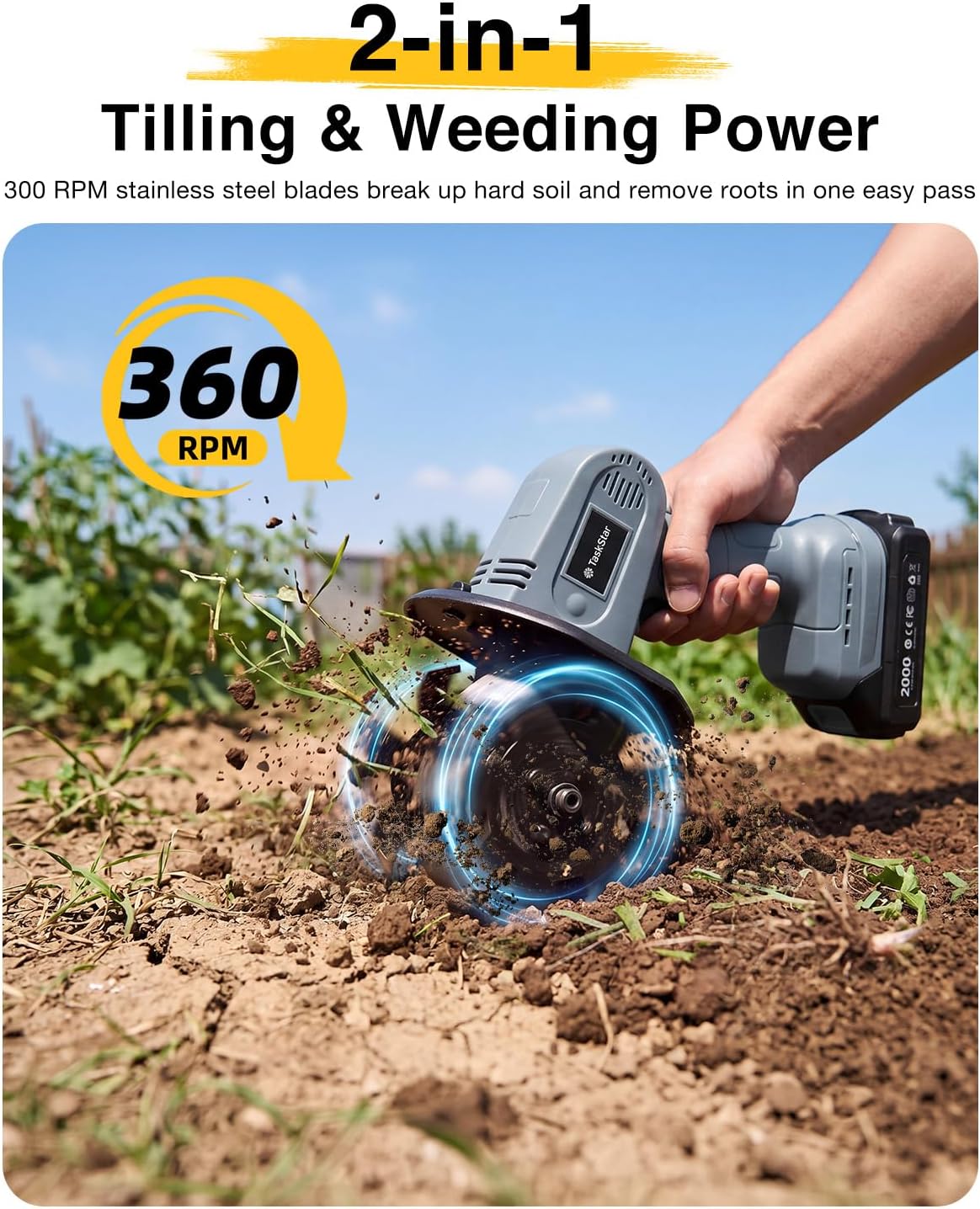 Cordless Tiller Cultivator for Gardening, Battery Powered Garden Rototiller
