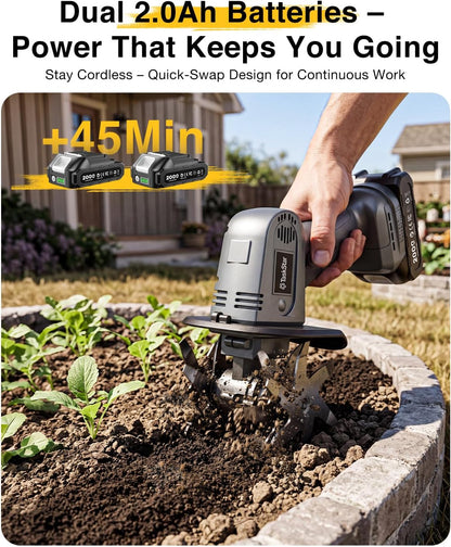 Cordless Tiller Cultivator for Gardening, Battery Powered Garden Rototiller