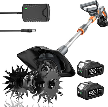Cordless Tiller Cultivator for Gardening, Battery Powered Garden Rototiller