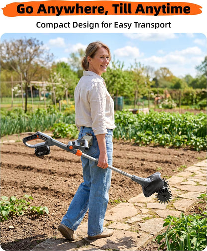 Cordless Tiller Cultivator for Gardening, Battery Powered Garden Rototiller