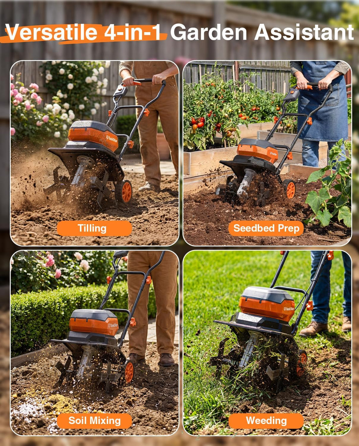 Cordless Tiller Cultivator for Gardening, Battery Powered Garden Rototiller