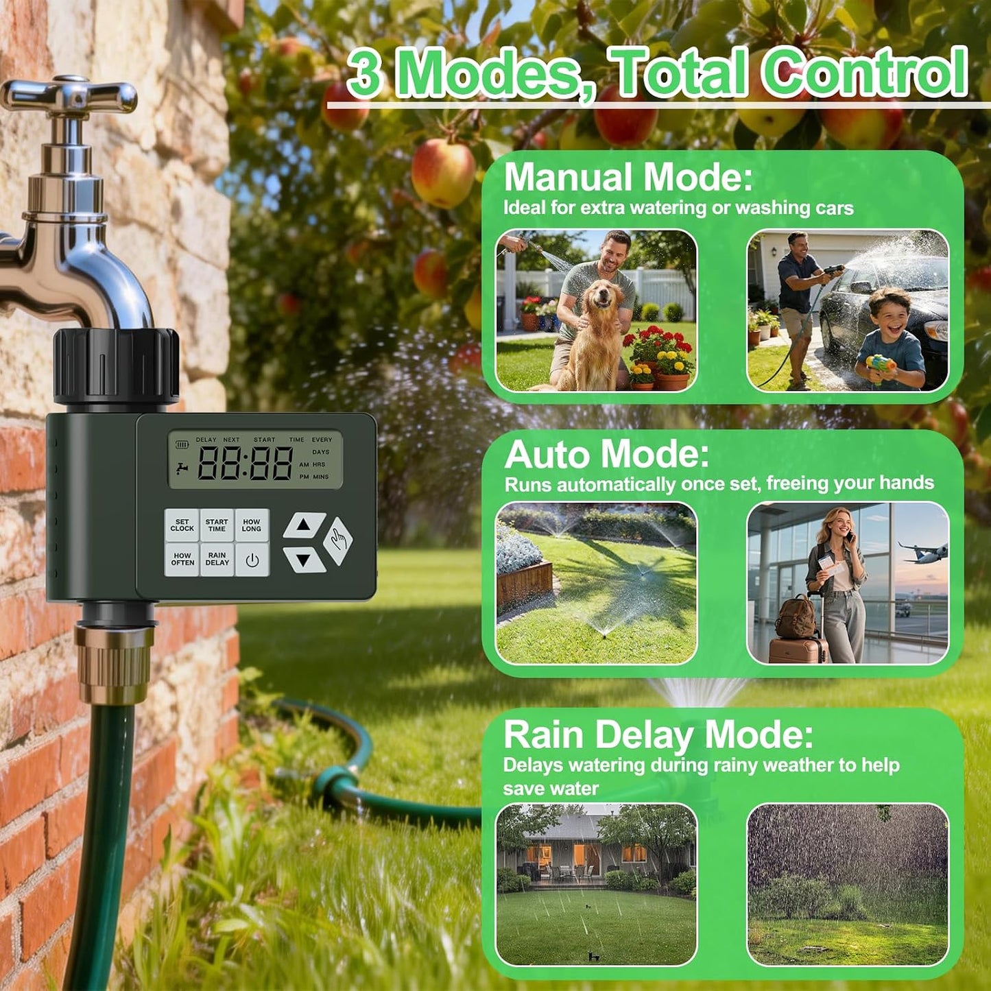 Hose Faucet Water Timer for Outdoor Garden, Ortis Programmable Sprinkler Timer with Rain Delay/Manual/Automatic Mode, IP67 Leak-Proof Design for Lawn Yard, 1 Outlet