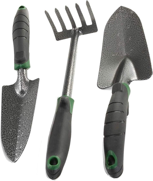 Garden Tool Set - Heavy Duty Carbon Steel Trowel, Transplanter, Hand Rake - 3 Piece Garden Tool Set with Bend-Proof Design - Ergo Rubber Grip Handles